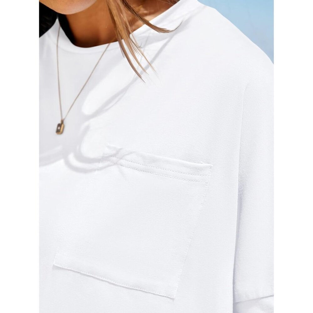 Women's Oversized Crop Top Casual Workout Short Sleeve Tee with Pockets - Picture 6 of 6